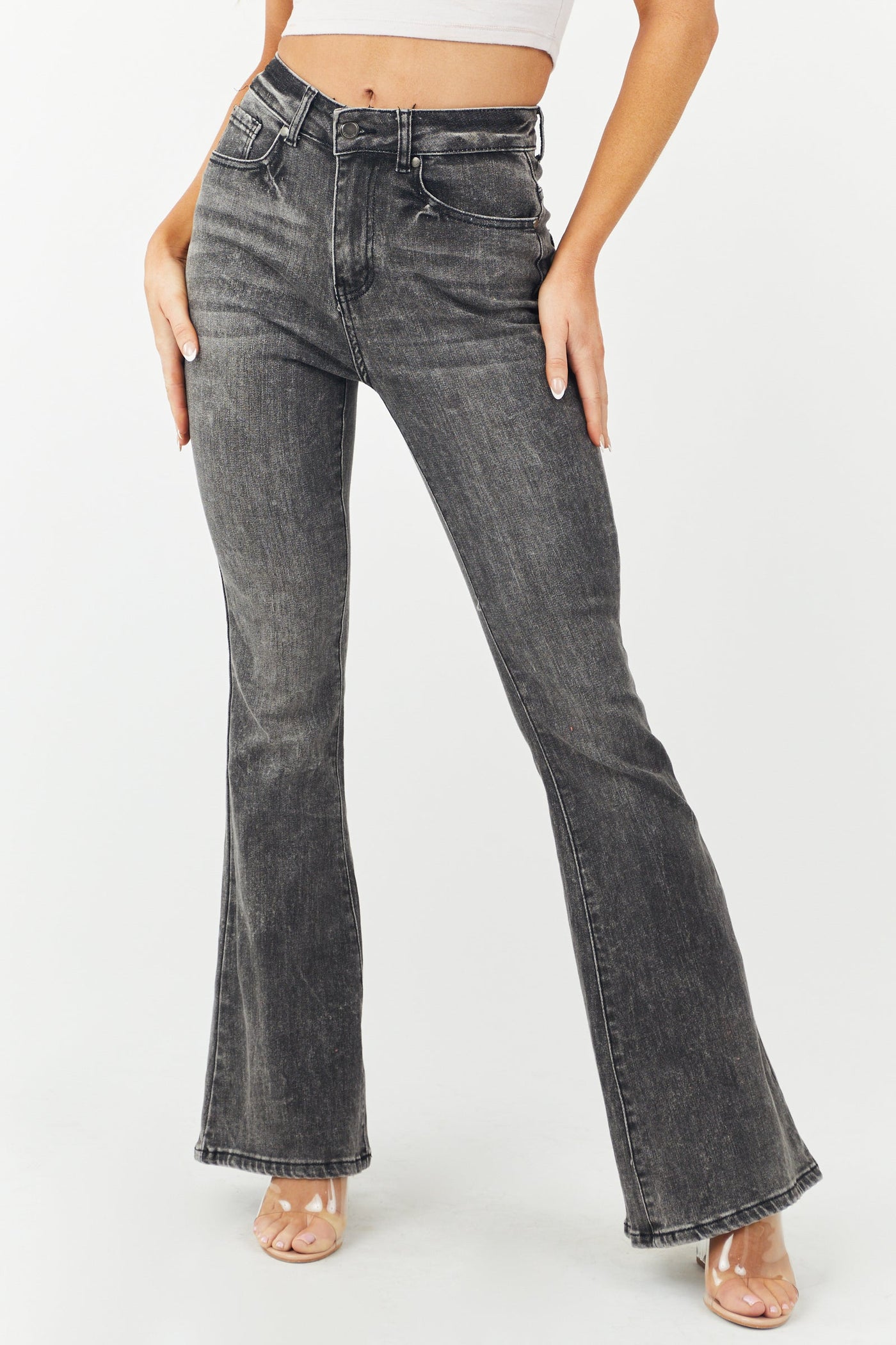 Black Acid Wash High Rise Flare Leg Jeans