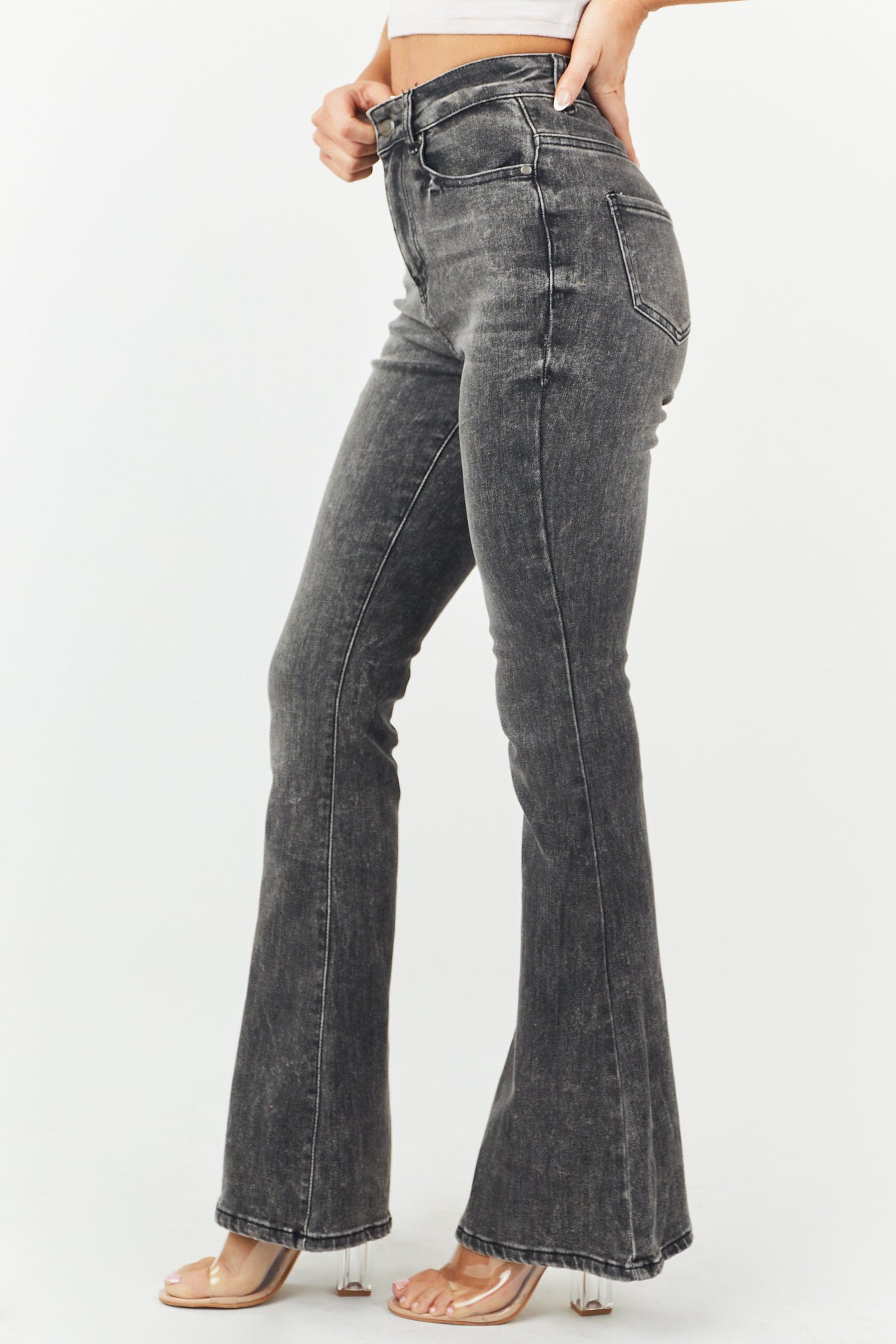 Black Acid Wash High Rise Flare Leg Jeans