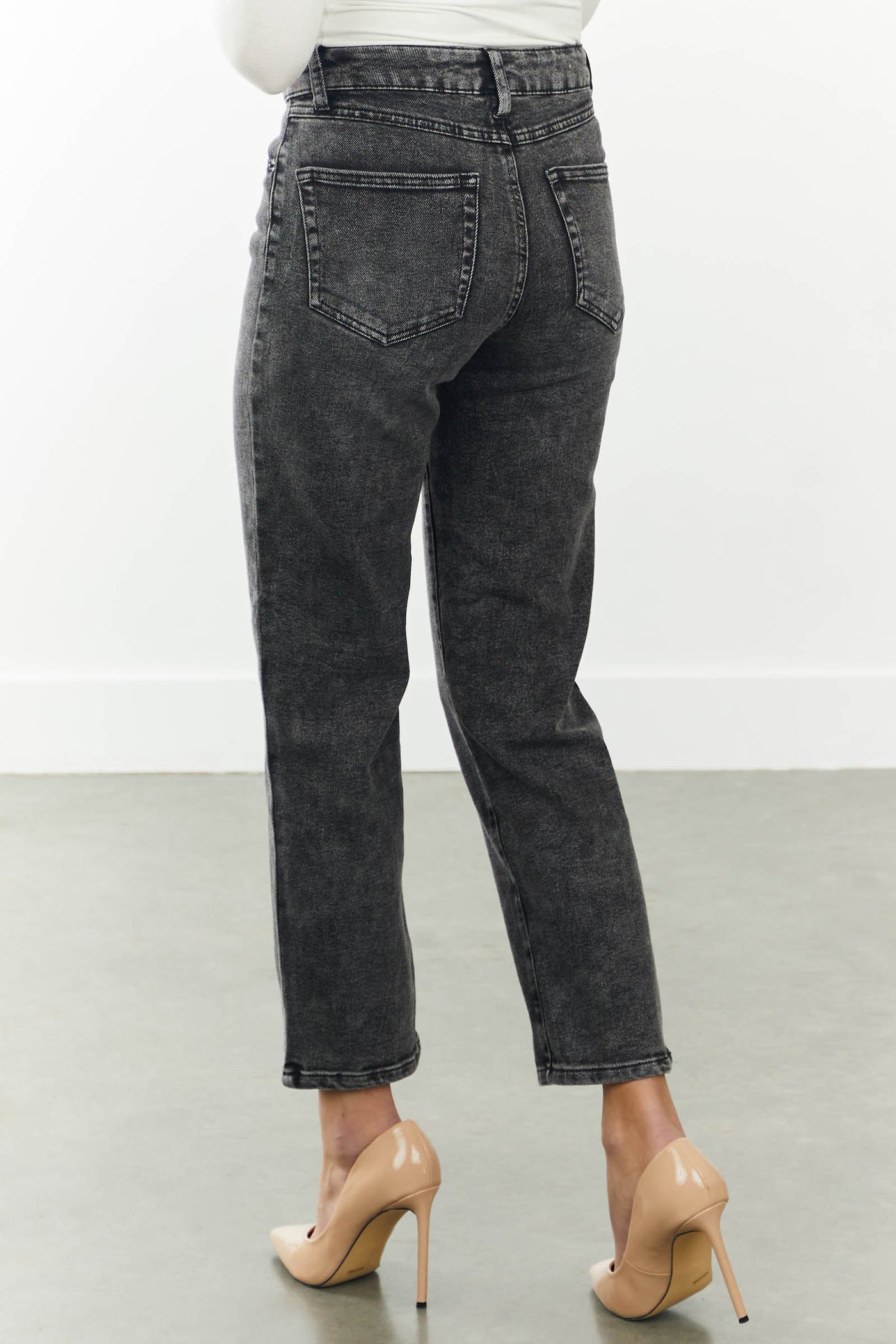 Black Acid Wash High Rise Straight Leg Ankle Jeans