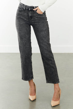 Black Acid Wash High Rise Straight Leg Ankle Jeans