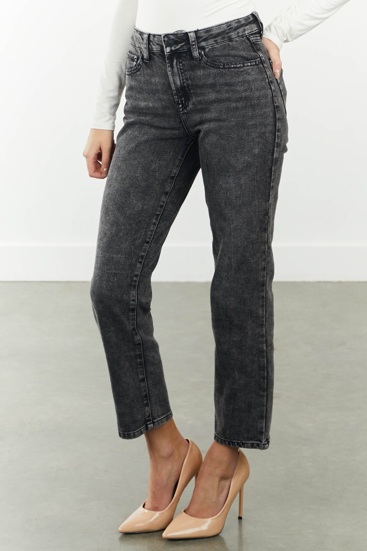 Black Acid Wash High Rise Straight Leg Ankle Jeans