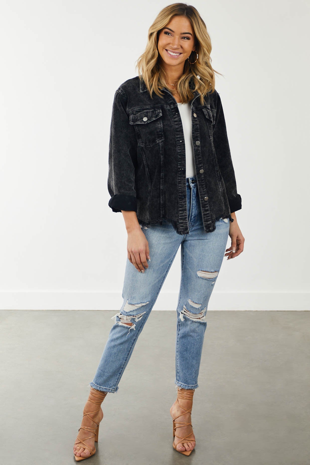 Black Acid Washed Frayed Hem Corduroy Jacket