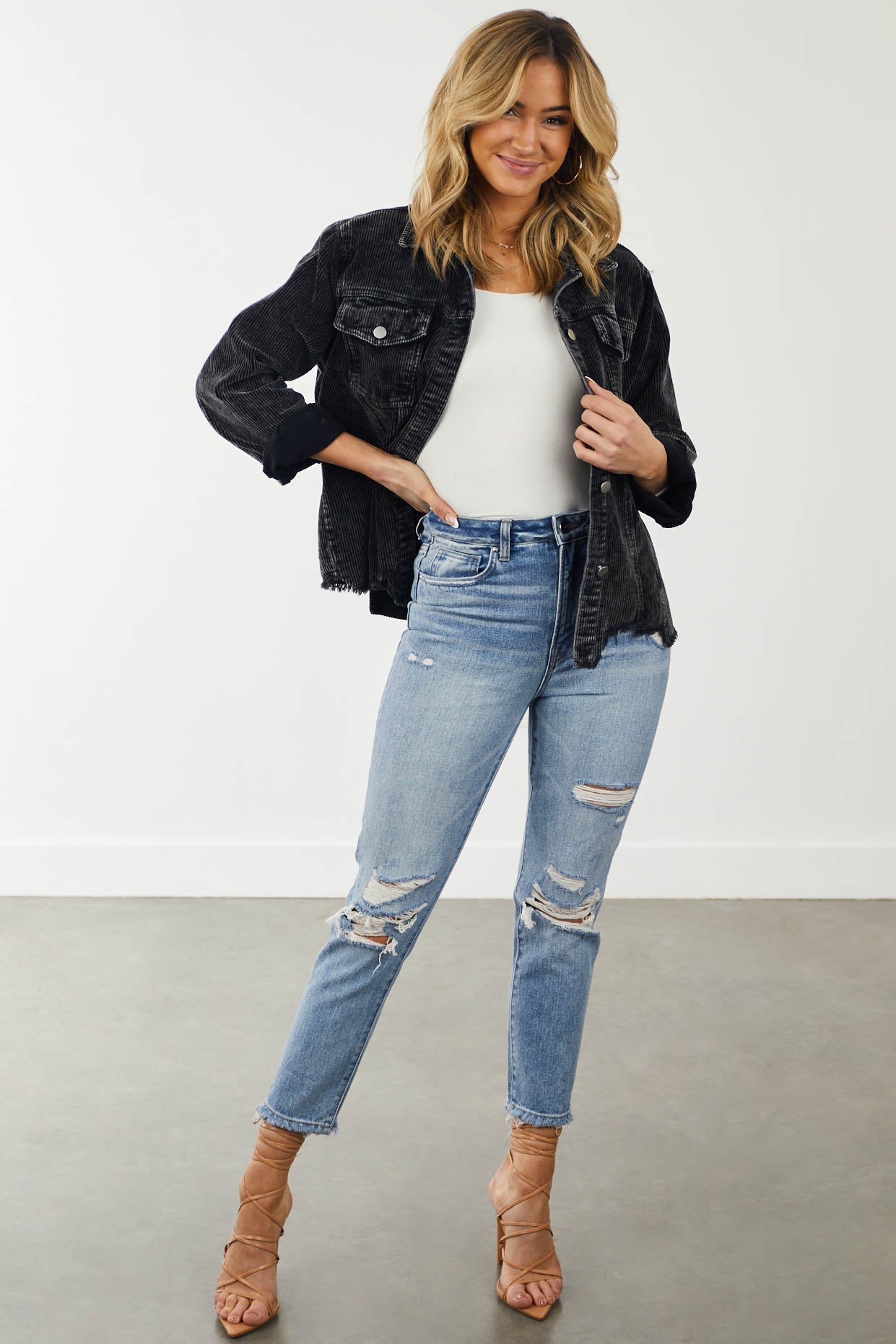 Black Acid Washed Frayed Hem Corduroy Jacket