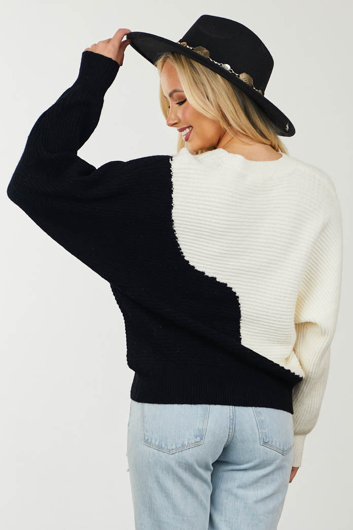 Black and Ivory Colorblock Ribbed Knit Sweater