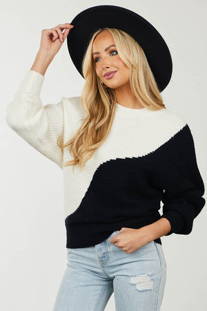 Black and Ivory Colorblock Ribbed Knit Sweater