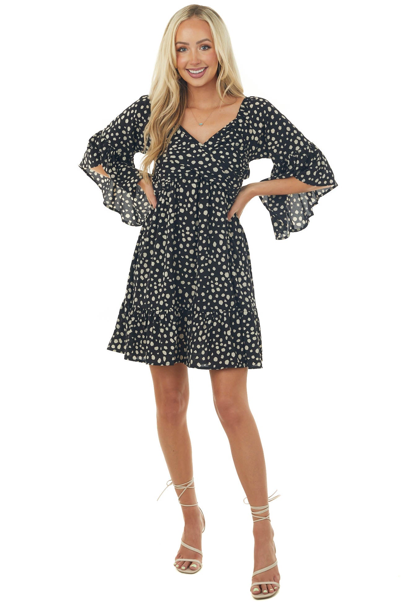 Black Animal Print Ruffle Angel Sleeve Dress