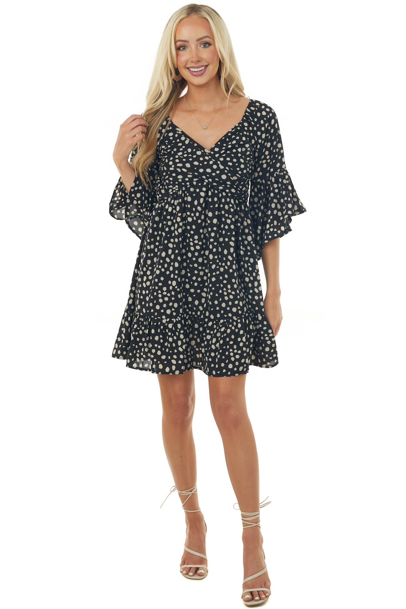 Black Animal Print Ruffle Angel Sleeve Dress