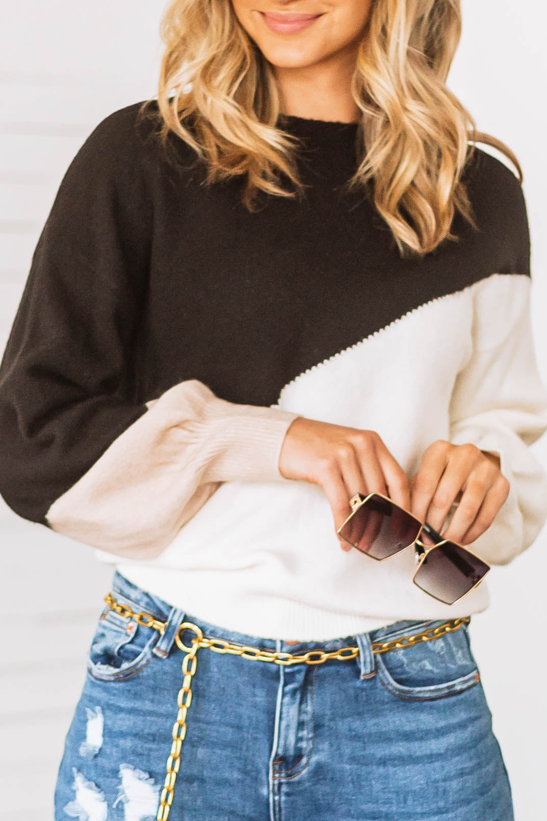 Black Asymmetrical Colorblock Lightweight Sweater