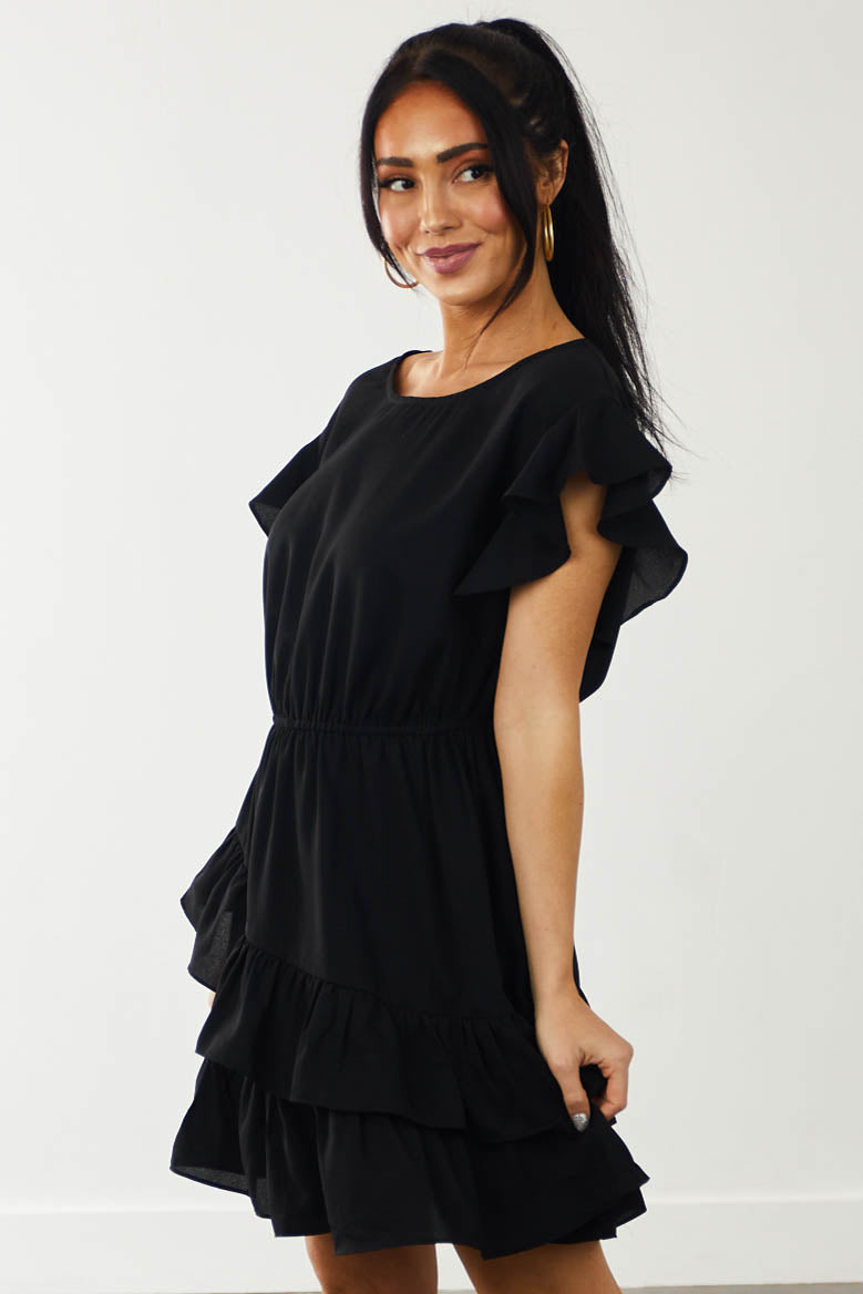 Black Asymmetrical Ruffle Overlay Mini Dress