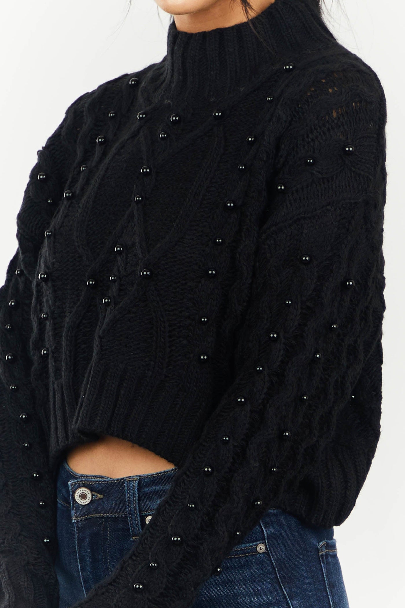 Black Beaded Cropped Cable Knit Sweater