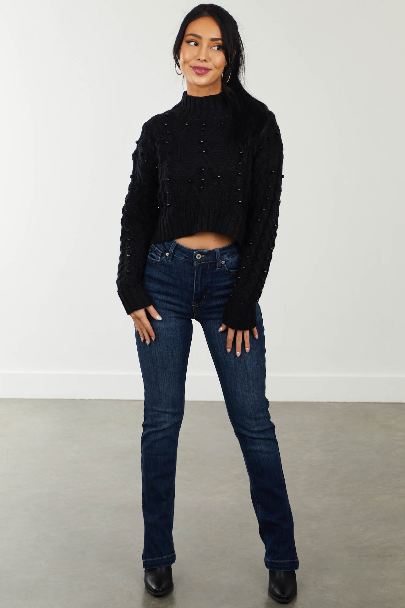 Black Beaded Cropped Cable Knit Sweater