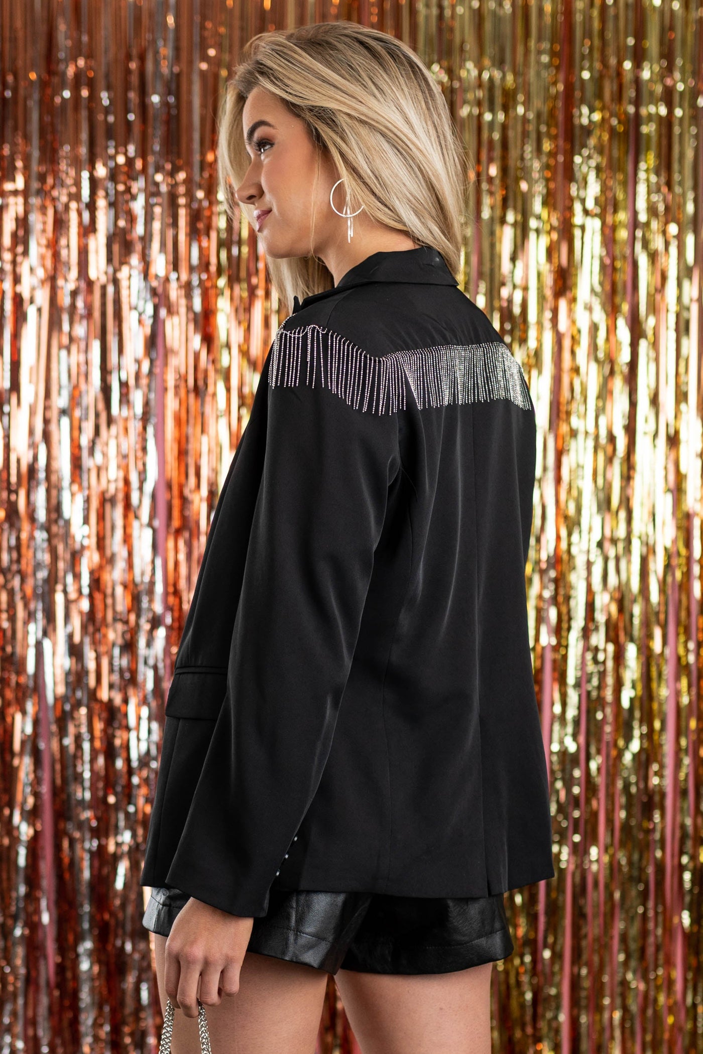 Black Beaded Fringe Blazer with Shoulder Pads