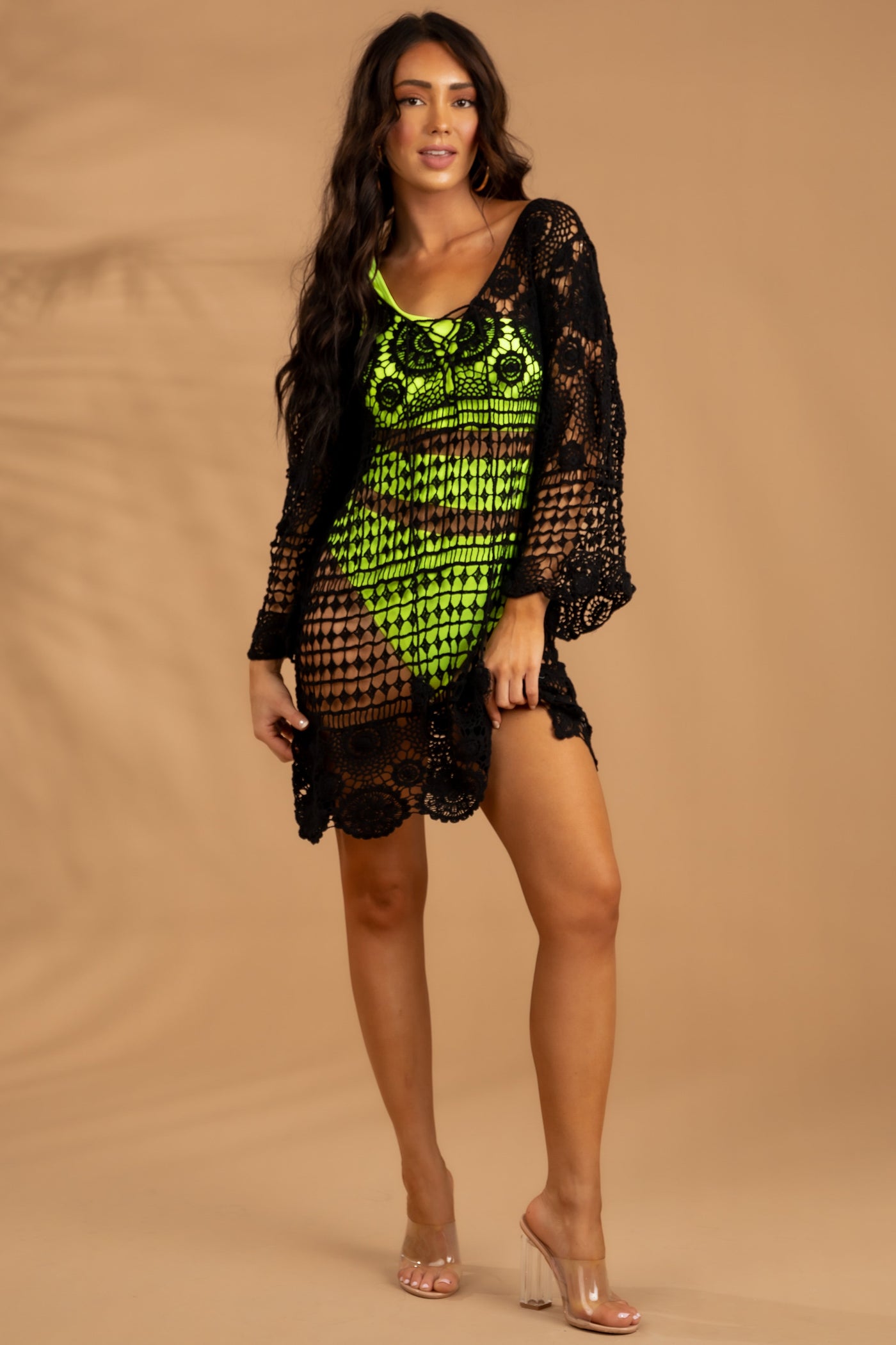 Black Bell Sleeve Crochet Cover Up Top