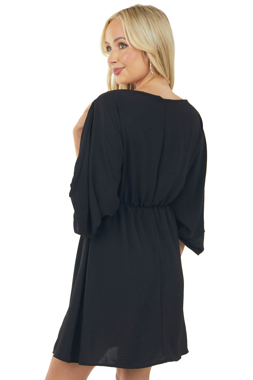 Black Boat Neck Cinched Waist Mini Dress