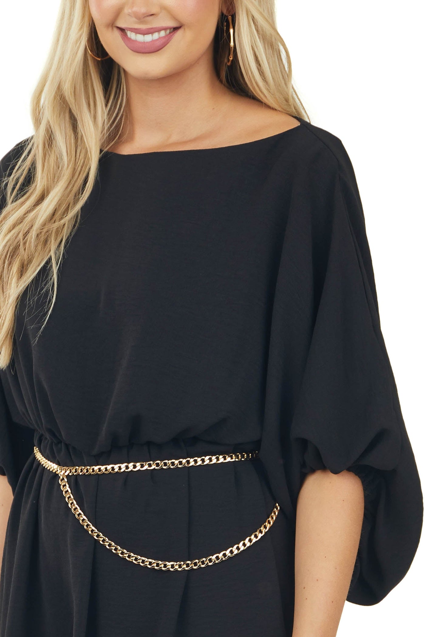 Black Boat Neck Cinched Waist Mini Dress