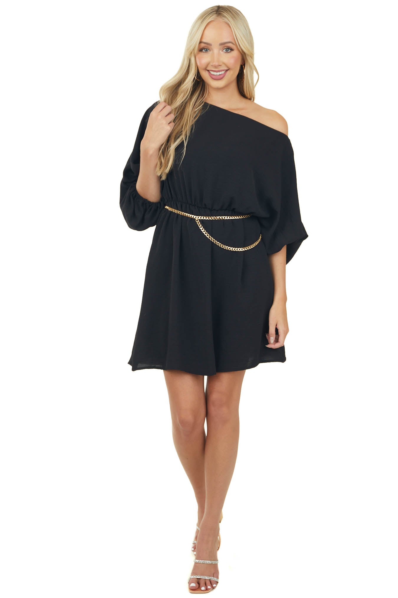 Black Boat Neck Cinched Waist Mini Dress