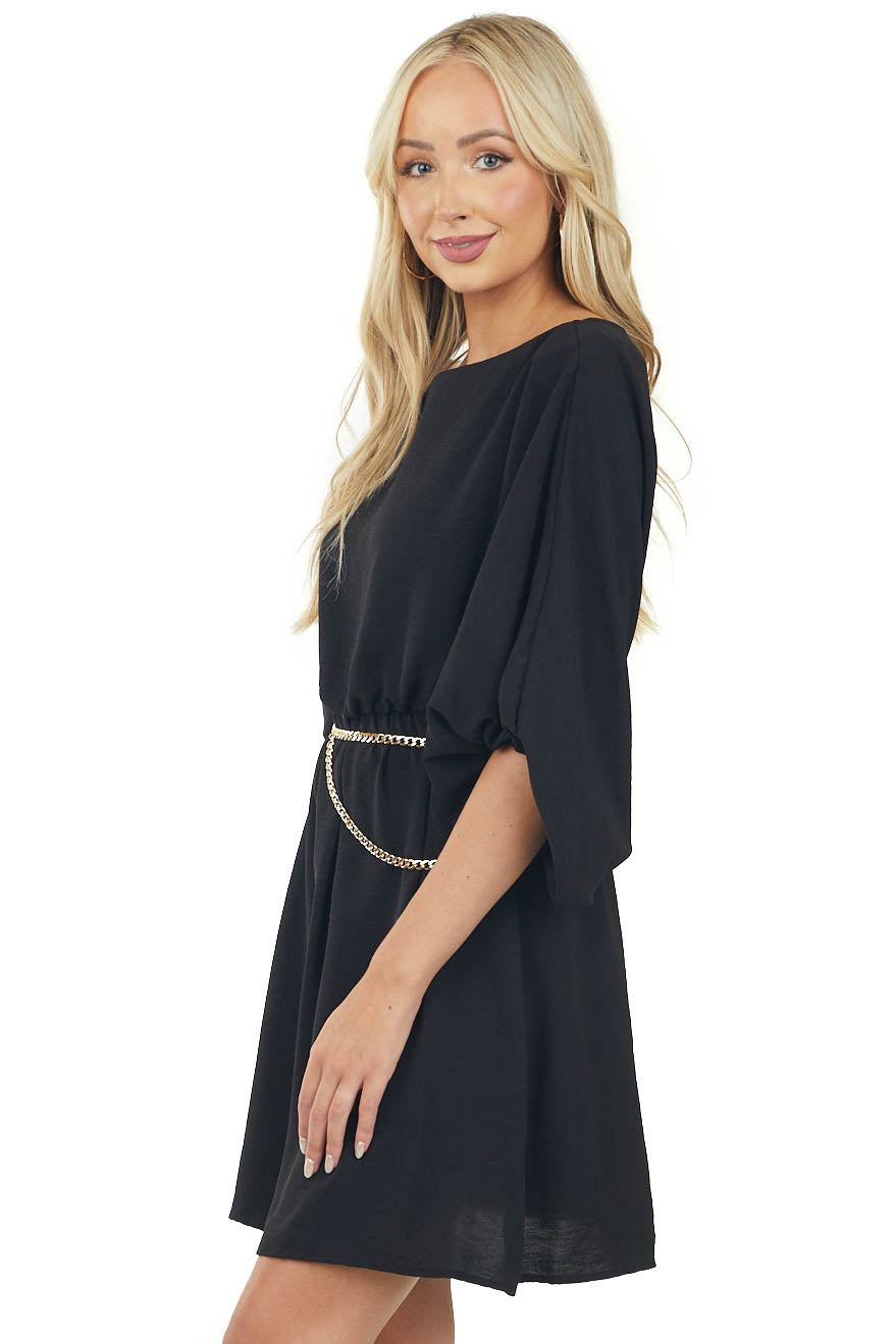 Black Boat Neck Cinched Waist Mini Dress