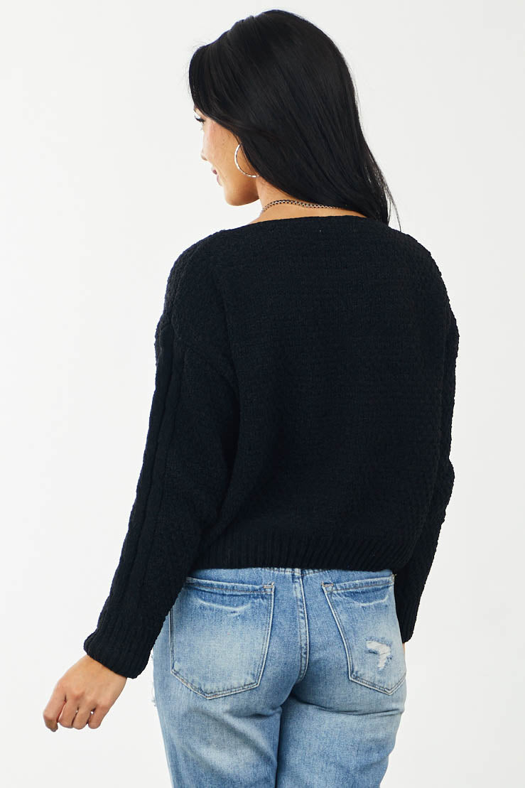 Black Boat Neck Thick Knit Chenille Sweater
