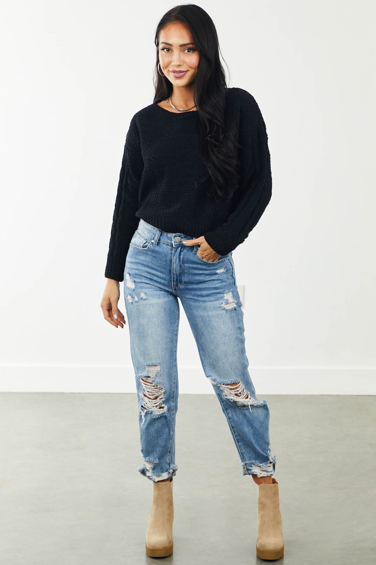 Black Boat Neck Thick Knit Chenille Sweater