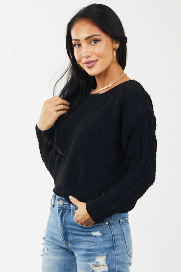 Black Boat Neck Thick Knit Chenille Sweater