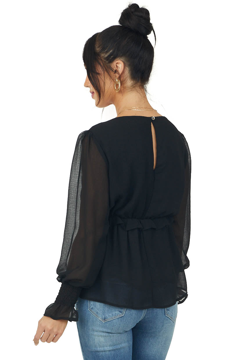 Black Bubble Sleeve Chiffon Babydoll Blouse