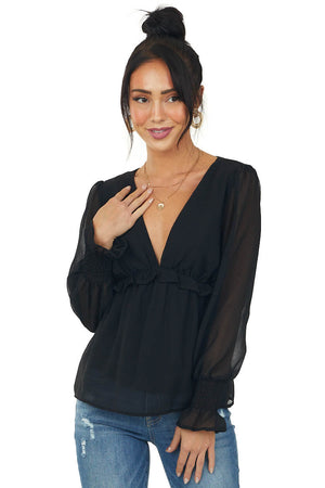 Black Bubble Sleeve Chiffon Babydoll Blouse