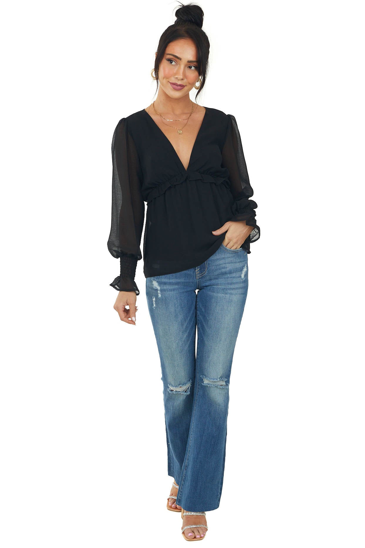 Black Bubble Sleeve Chiffon Babydoll Blouse