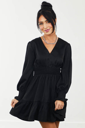 Black Bubble Sleeve Satin Short Dress