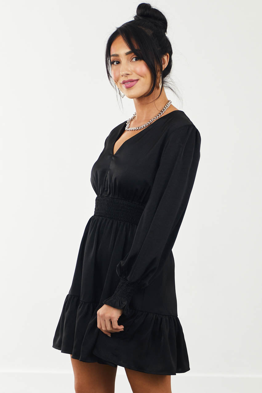 Black Bubble Sleeve Satin Short Dress