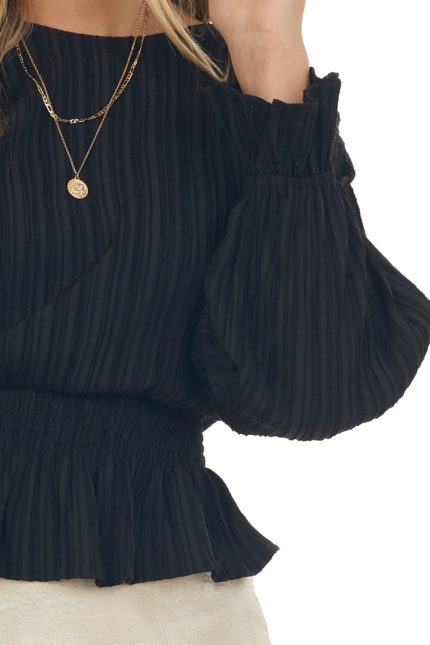 Black Bubble Sleeve Smocked Textured Blouse