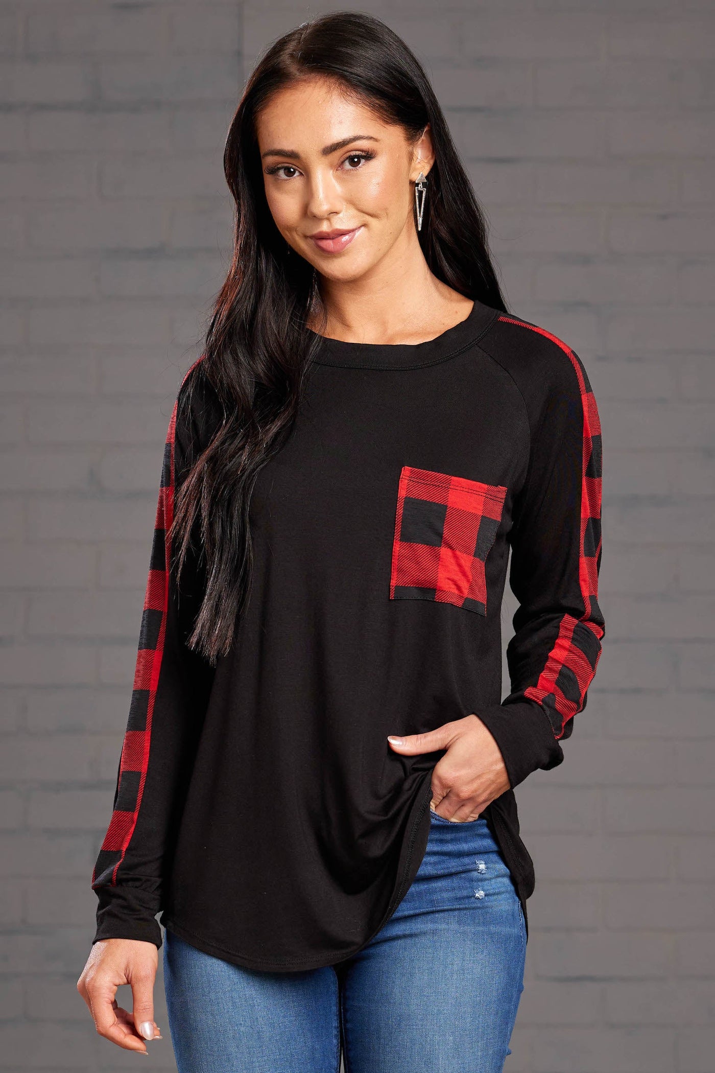 Black Buffalo Plaid Contrast Chest Pocket Top