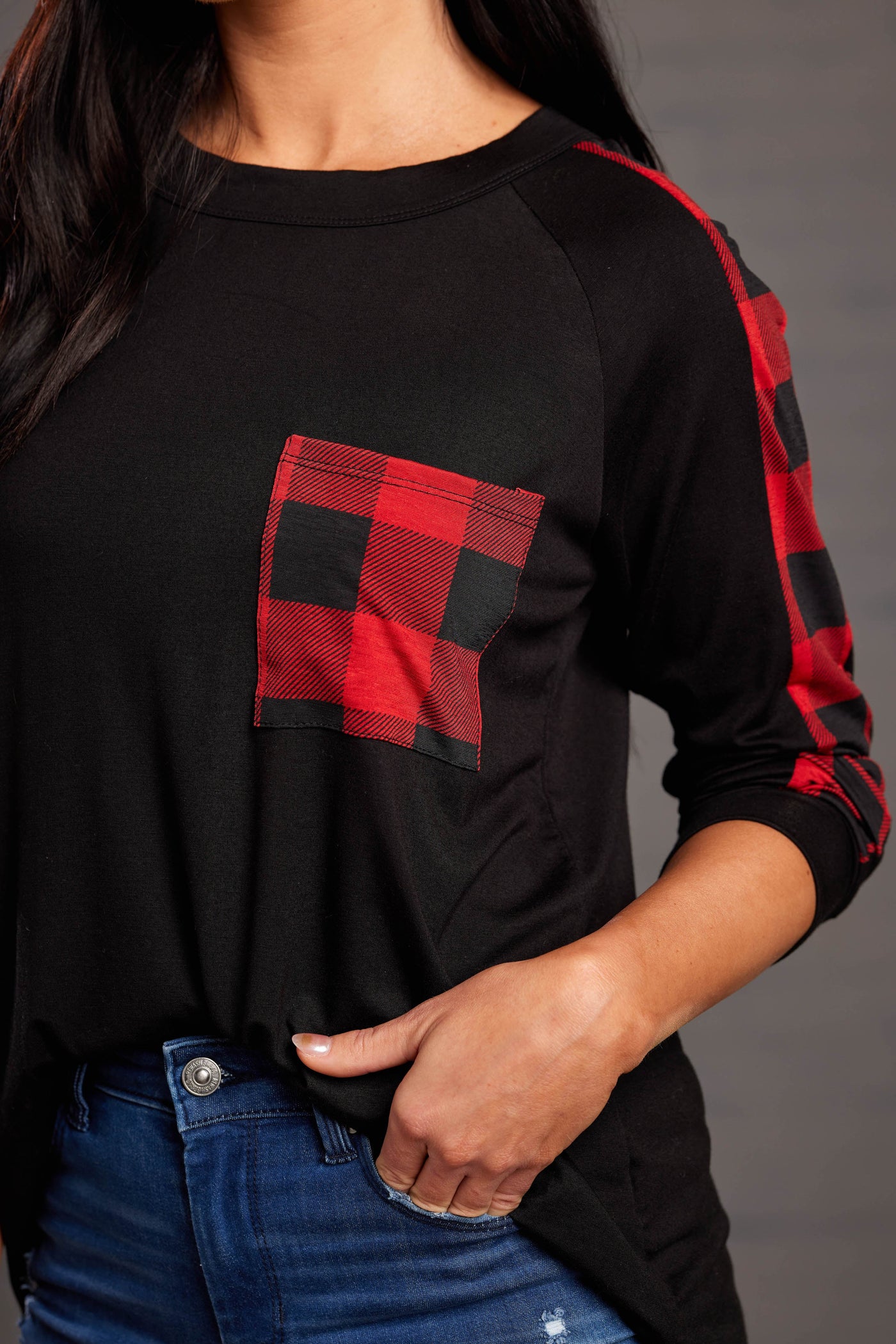 Black Buffalo Plaid Contrast Chest Pocket Top