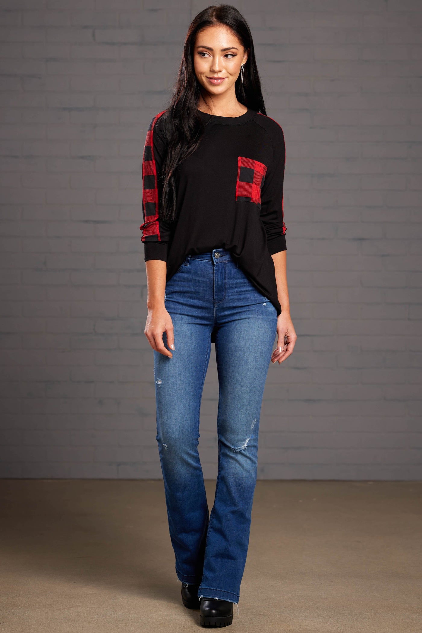 Black Buffalo Plaid Contrast Chest Pocket Top