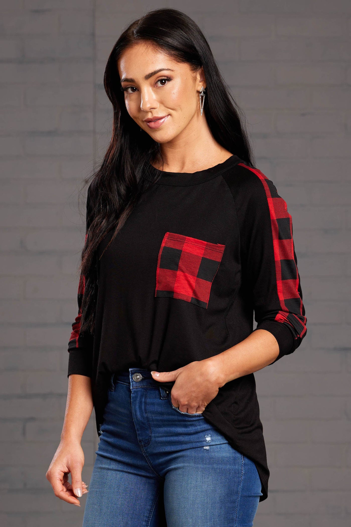 Black Buffalo Plaid Contrast Chest Pocket Top