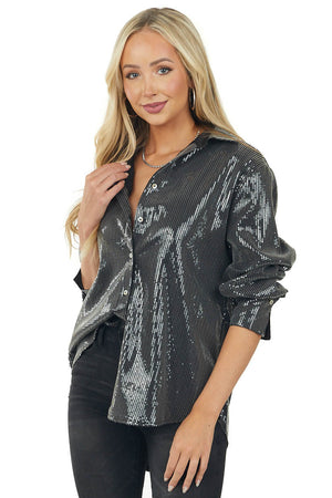Black Button Down Sequin Blouse