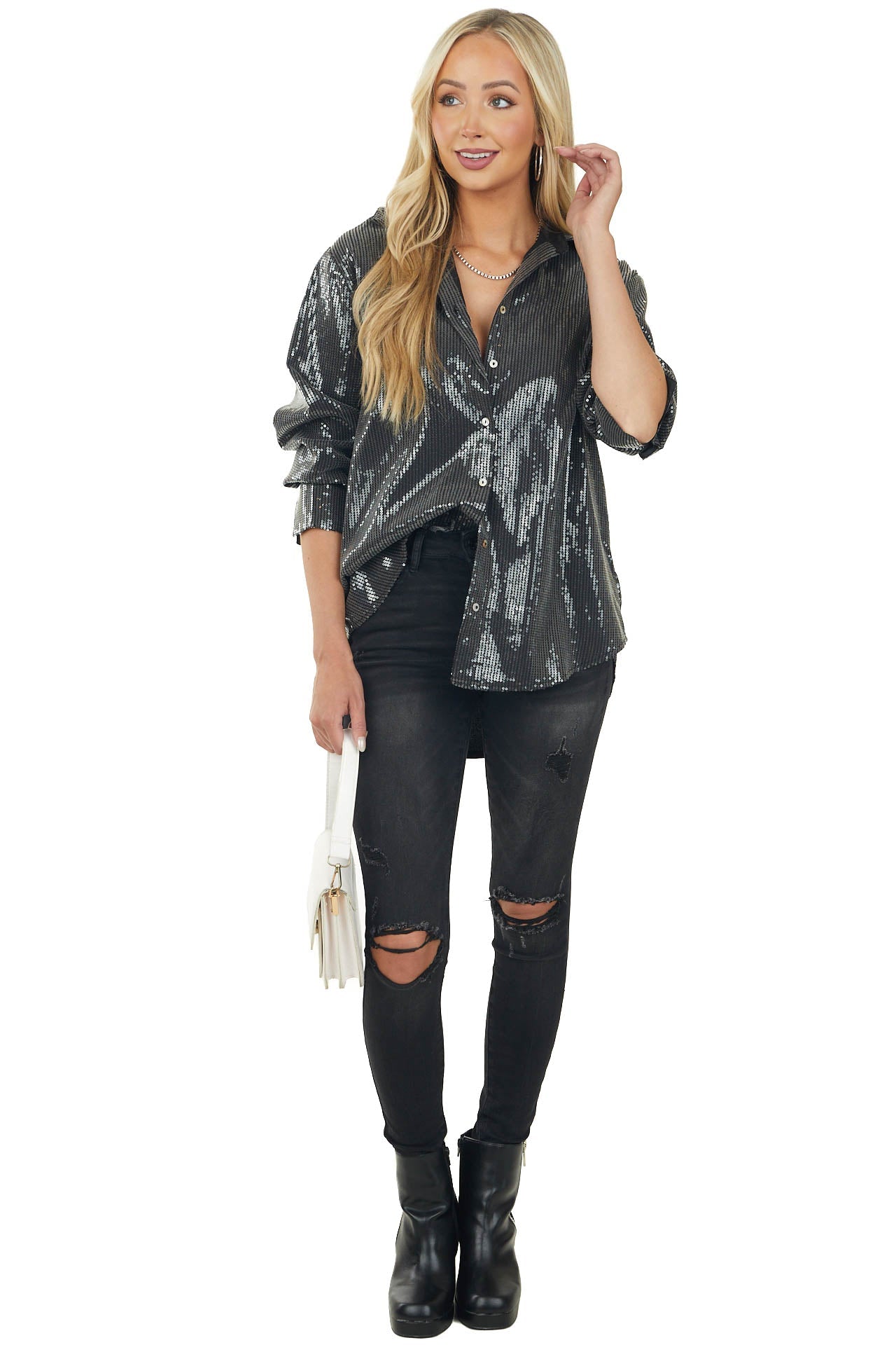 Black Button Down Sequin Blouse