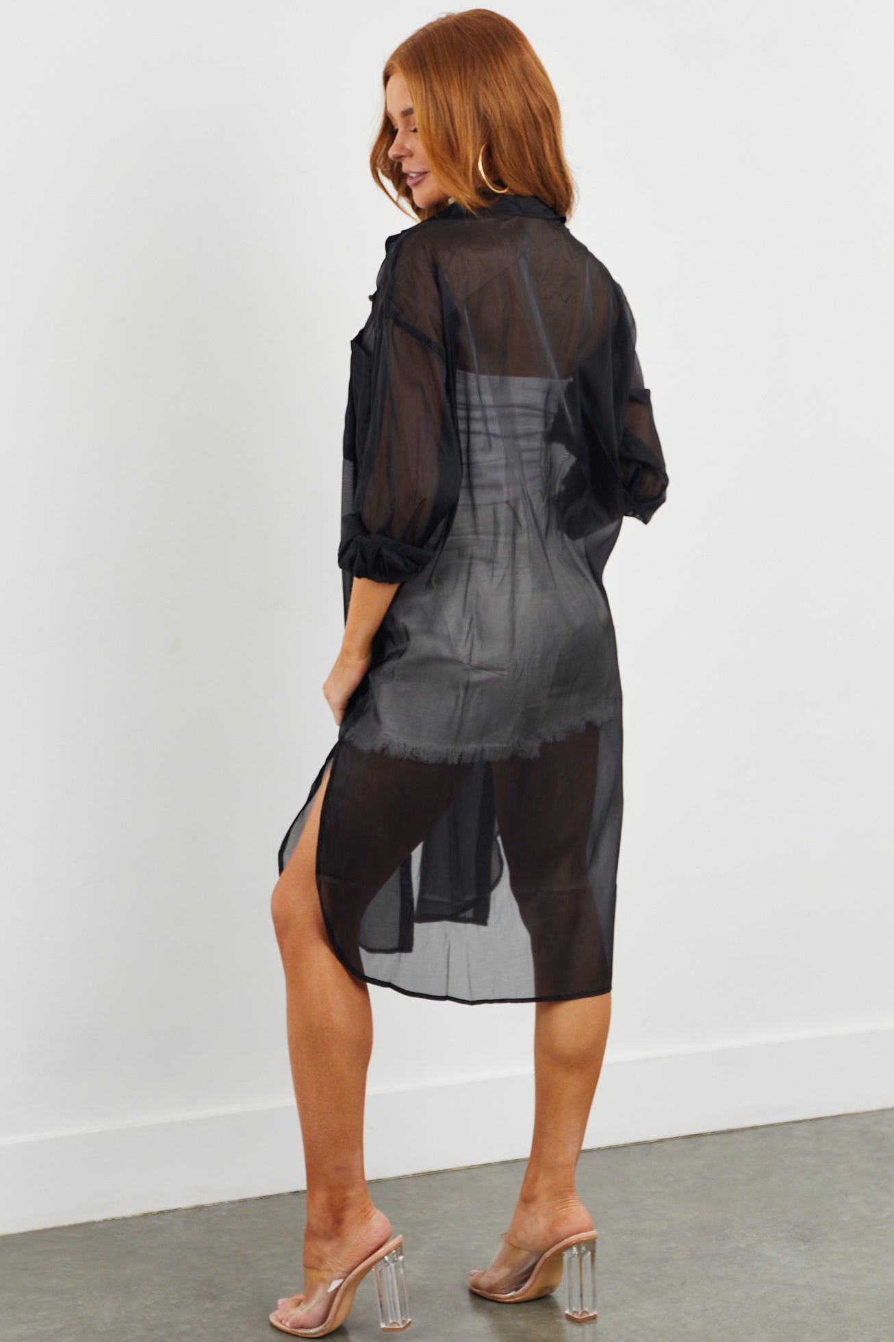 Black Button Down Sheer Cover Up Shirt Dress