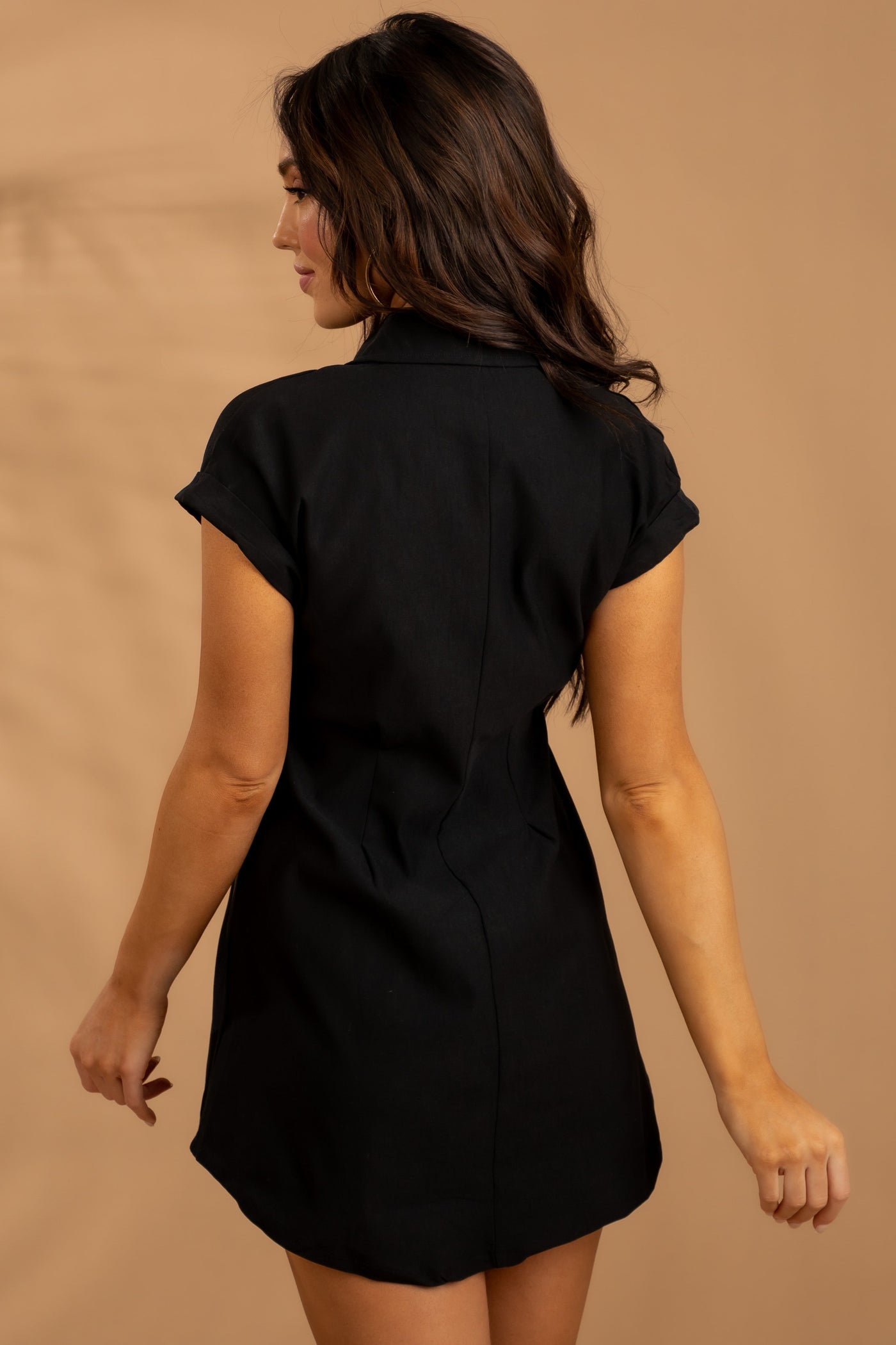 Black Button Up Collared Cuffed Sleeve Shirt Dress
