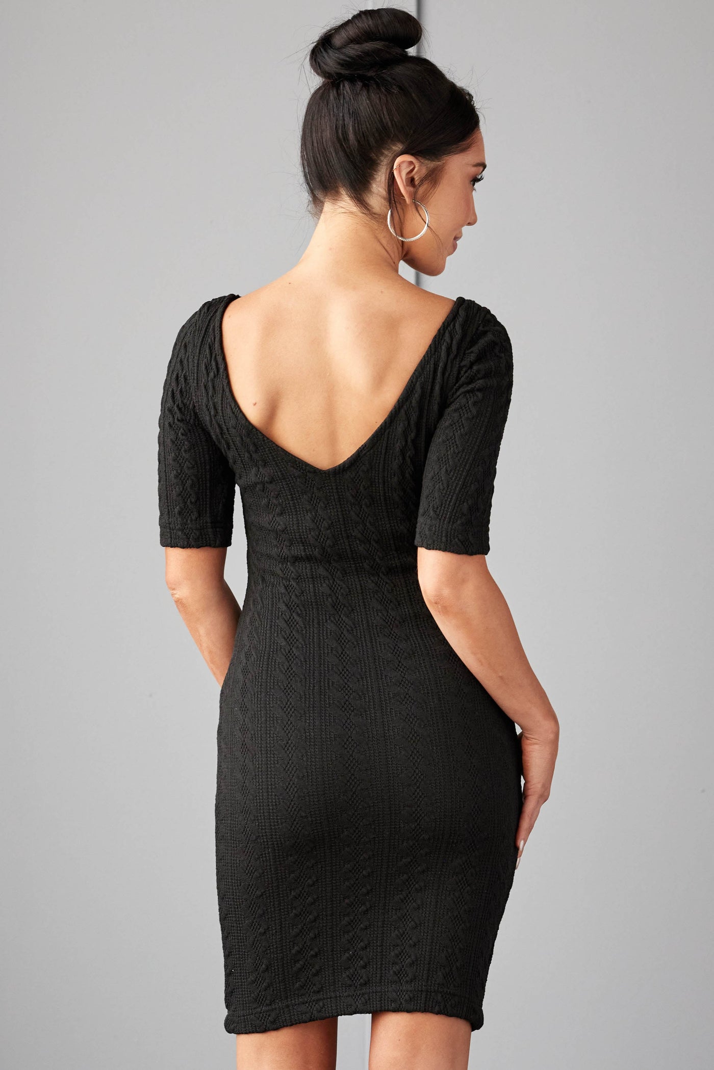 Black Cable Knit Half Sleeve Sweater Dress