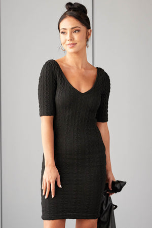 Black Cable Knit Half Sleeve Sweater Dress