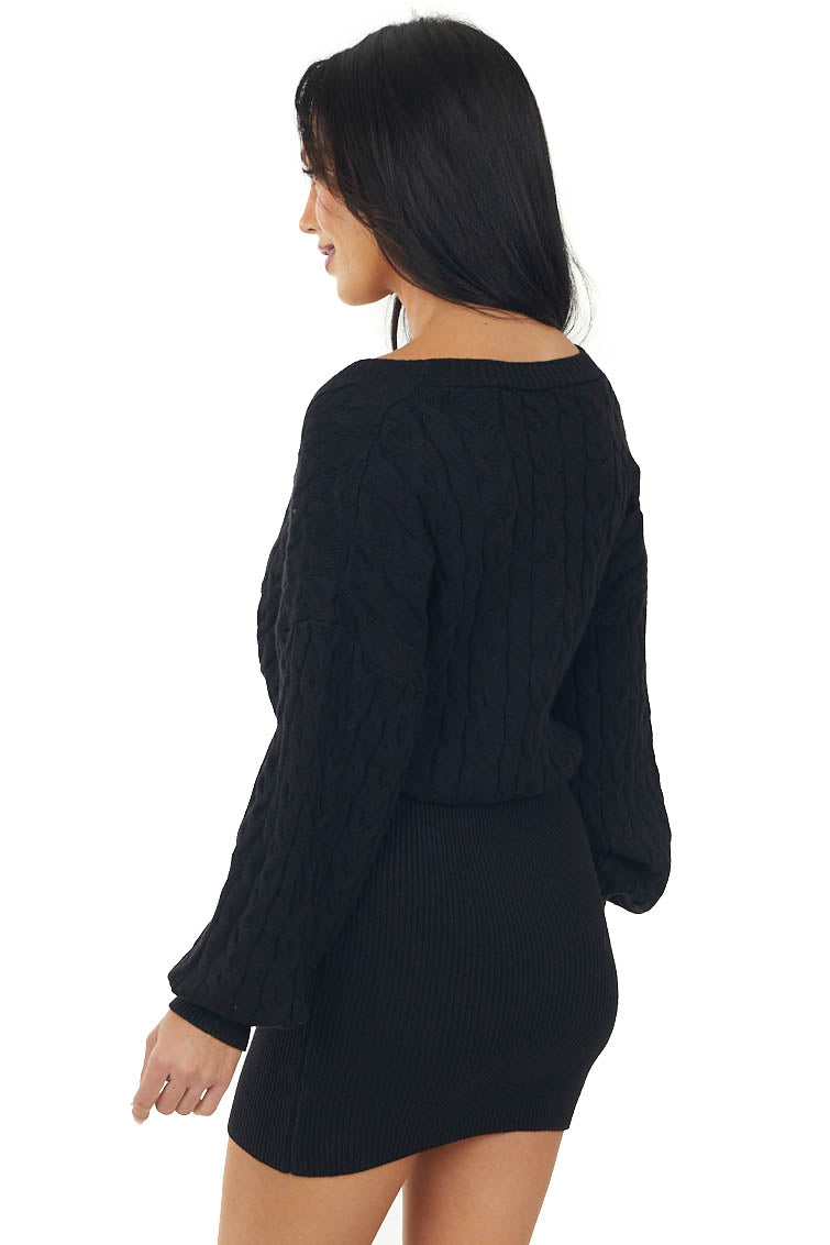 Black Cable Knit Long Sleeve Button Up Dress