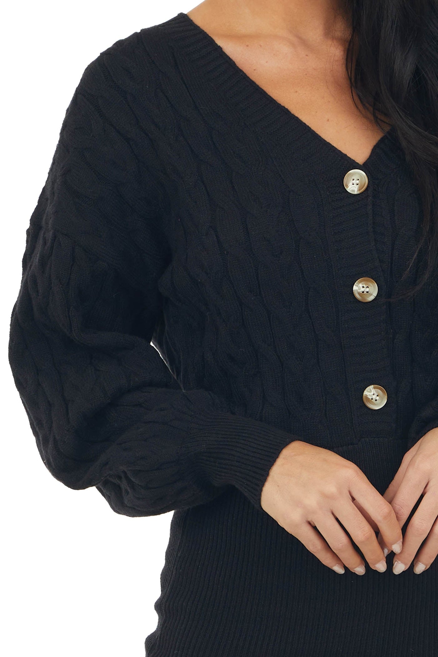 Black Cable Knit Long Sleeve Button Up Dress