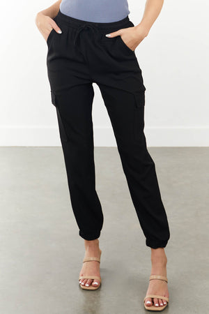 Black Cargo Pocket Crepe Woven Joggers