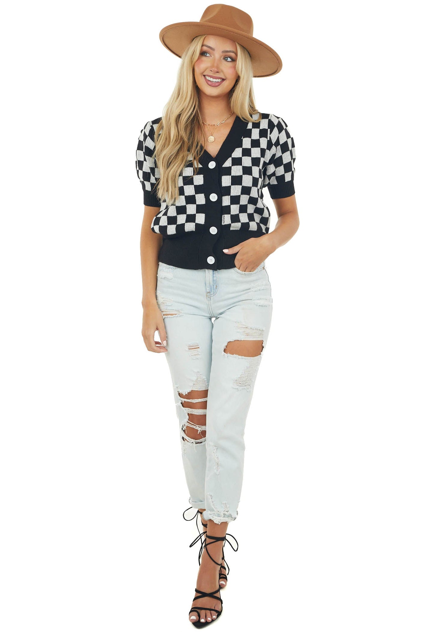 Black Checkered Puff Sleeve Cardigan