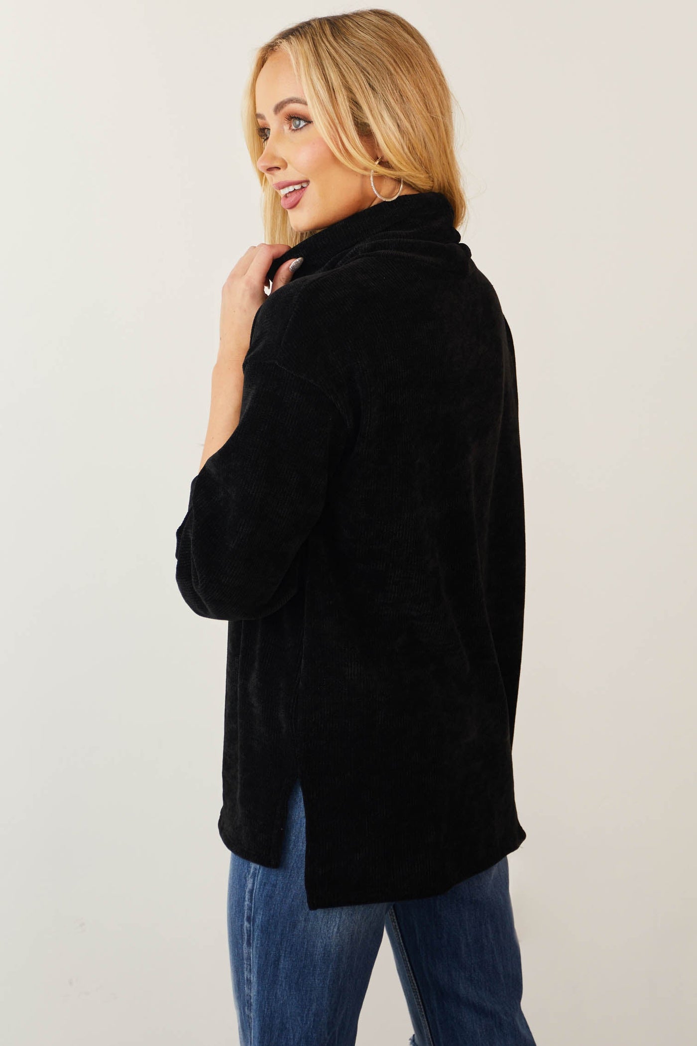 Black Chenille Cowl Neck Drop Shoulder Sweater