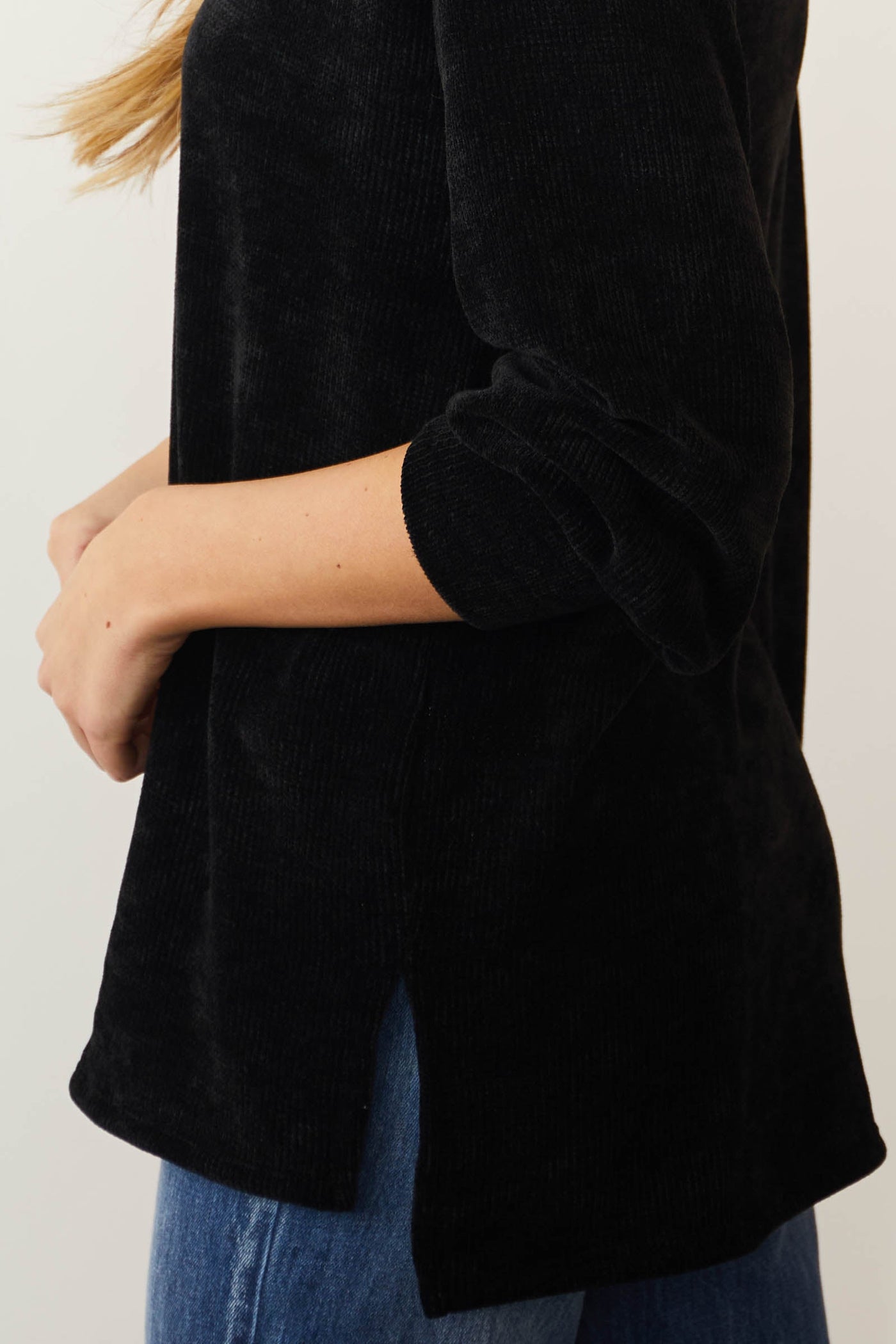 Black Chenille Cowl Neck Drop Shoulder Sweater