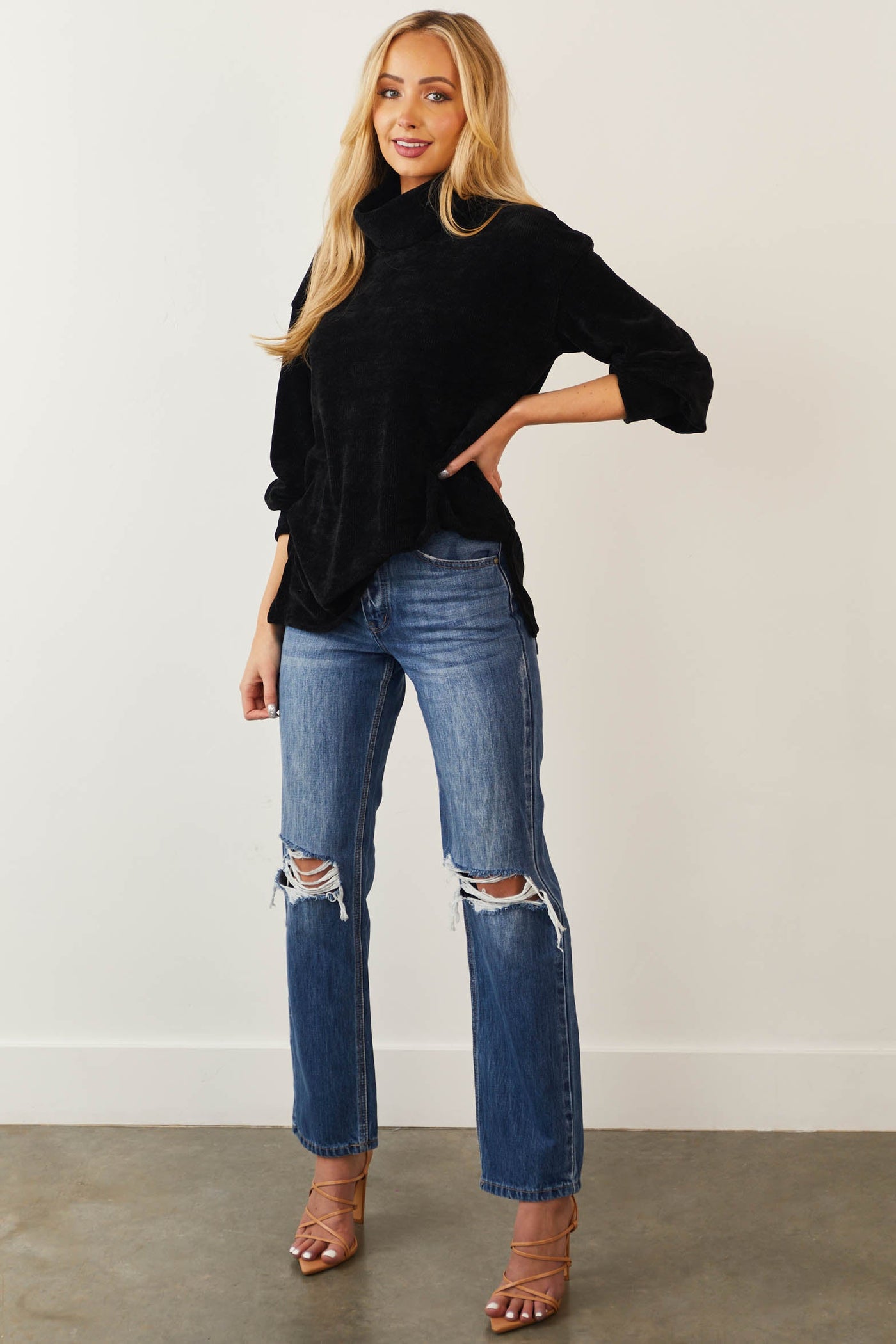 Black Chenille Cowl Neck Drop Shoulder Sweater