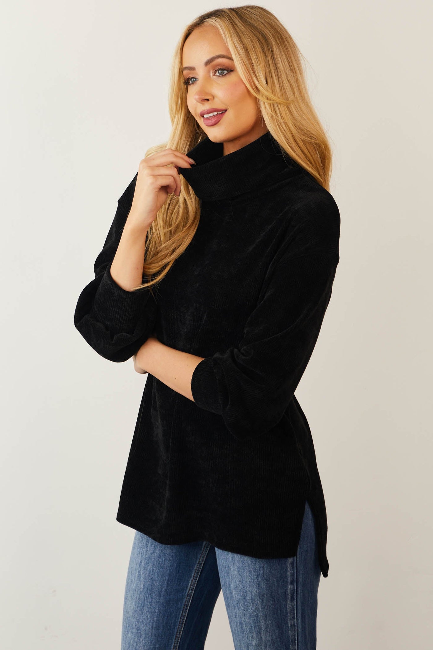 Black Chenille Cowl Neck Drop Shoulder Sweater