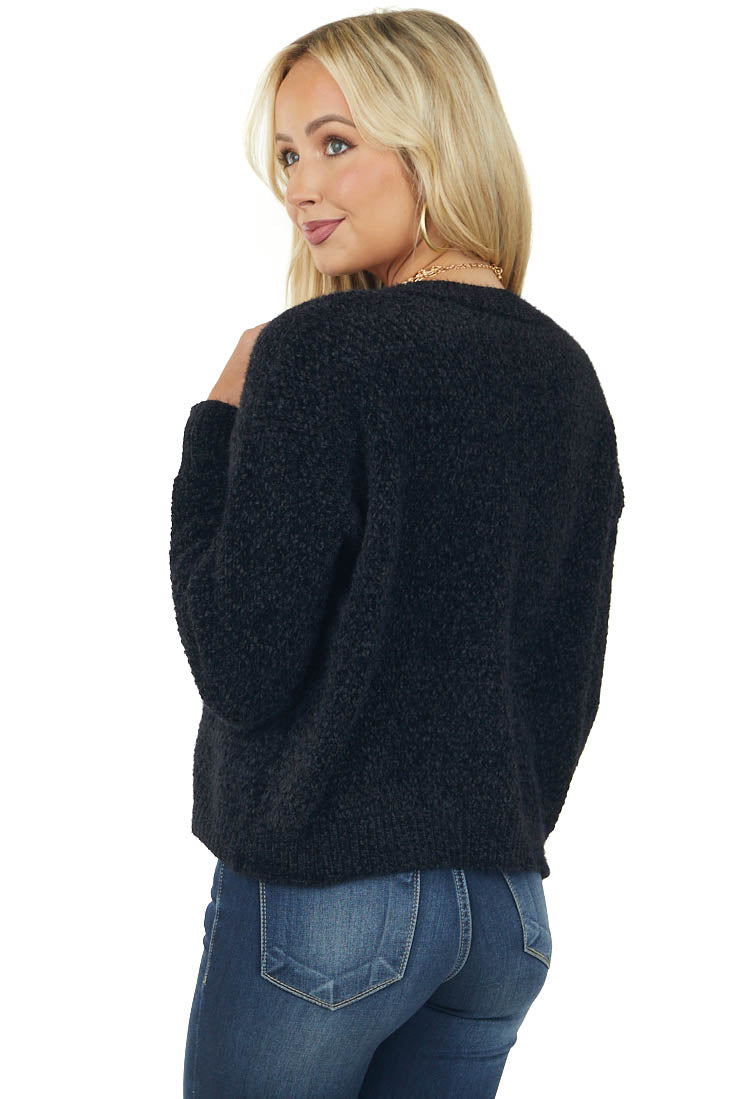 Black Chenille V Neck Slight Crop Sweater