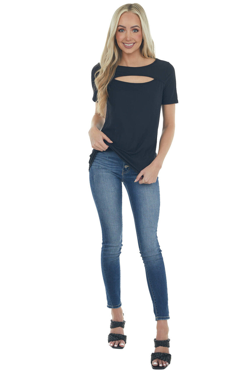 Black Chest Cut Out Ribbed Knit Top